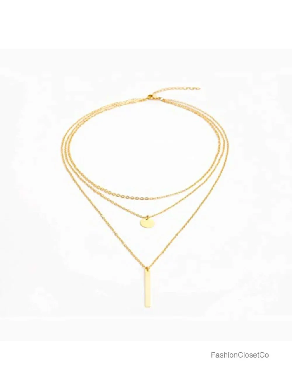 14K Gold Plated Layered Necklace Stainless Steel Chain Bar Disc Charm Choker